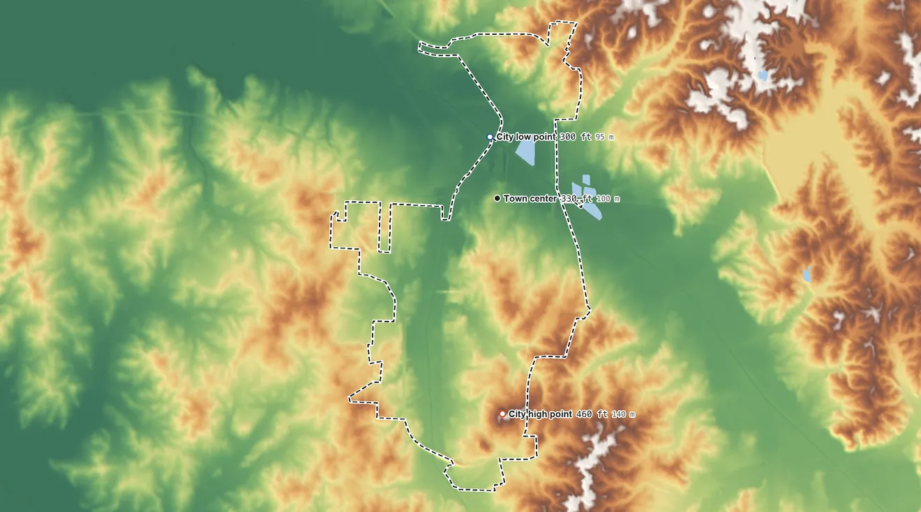Topographic elevation map of Trenton, Tennessee, shaded from 300 ft on the north side to 460 ft on the south side