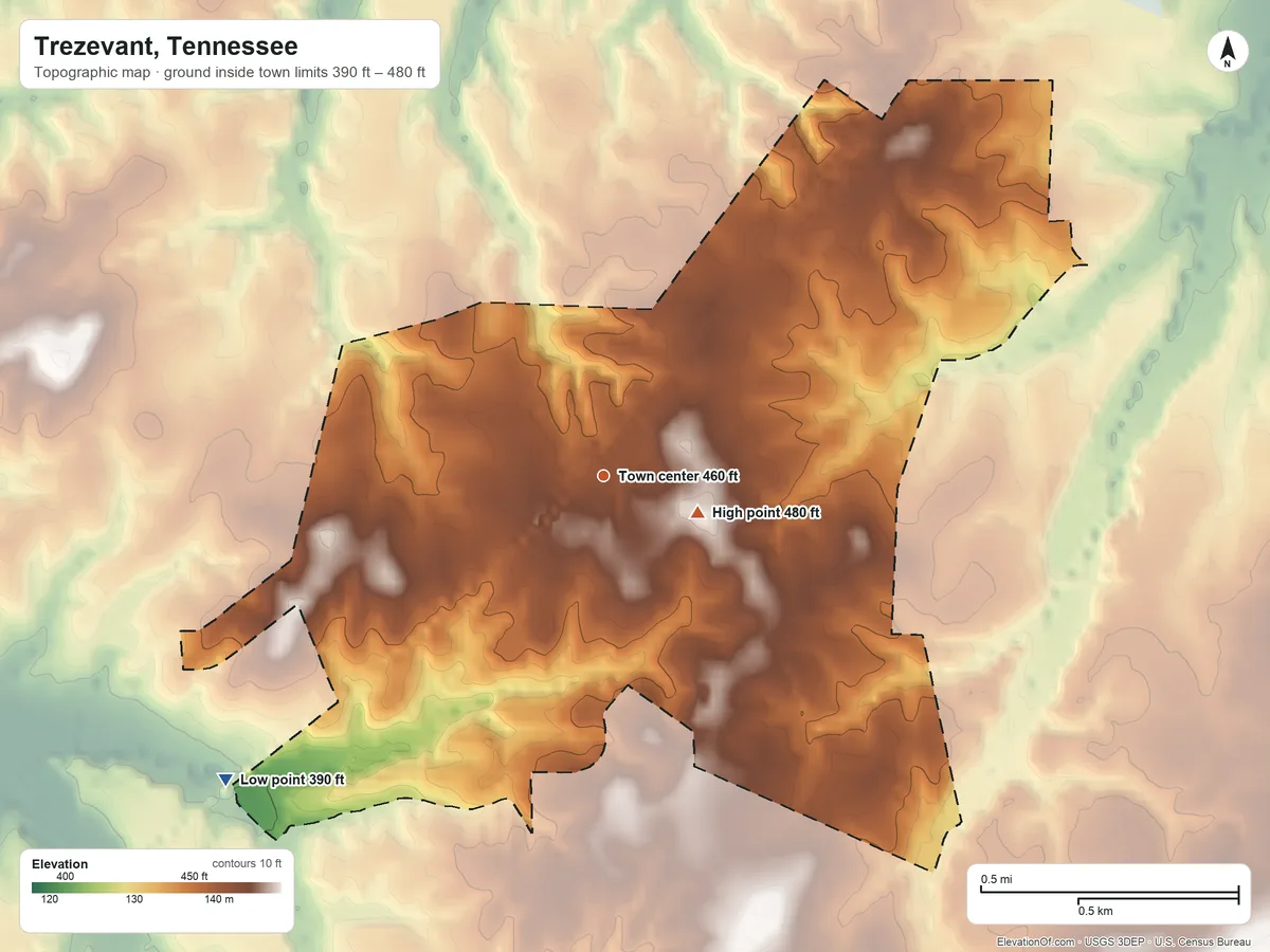 Topographic elevation map of Trezevant, Tennessee, shaded from 390 ft on the southwest side to 480 ft near the middle