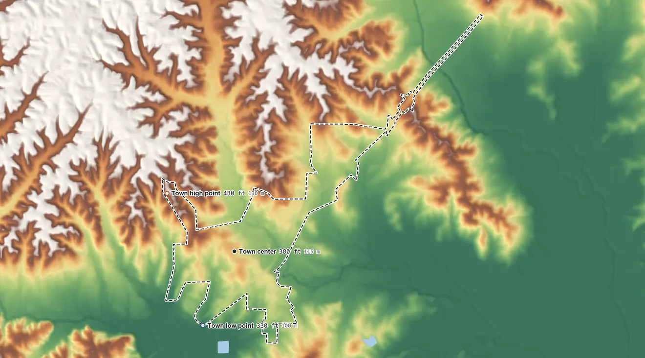 Topographic elevation map of Troy, Tennessee, shaded from 330 ft on the southwest side to 430 ft on the northwest side