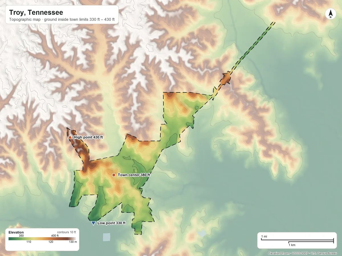Topographic elevation map of Troy, Tennessee, shaded from 330 ft on the southwest side to 430 ft on the northwest side