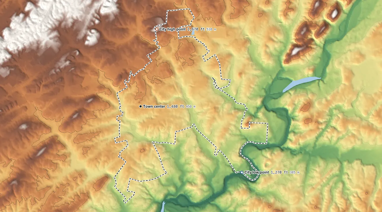 Topographic elevation map of Tusculum, Tennessee, shaded from 1,270 ft on the southeast side to 1,670 ft on the north side