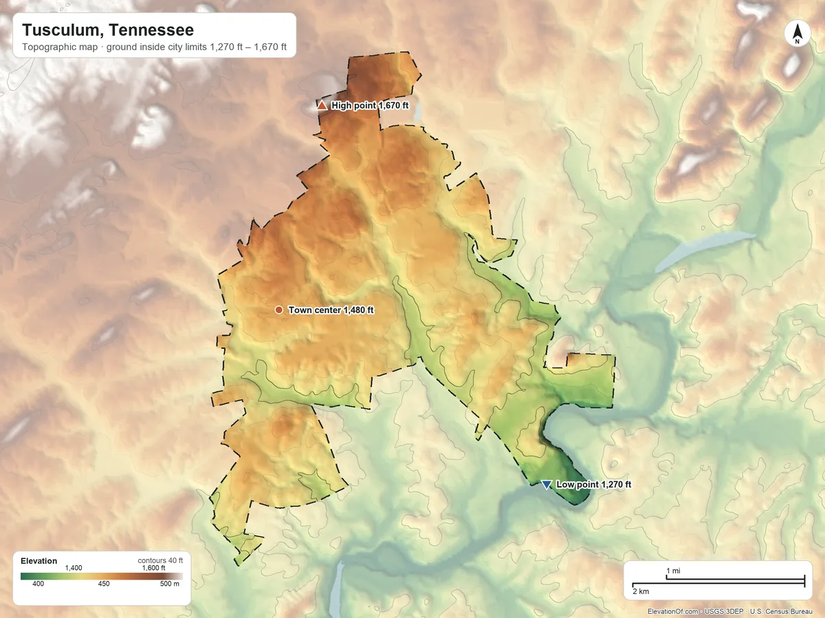Topographic elevation map of Tusculum, Tennessee, shaded from 1,270 ft on the southeast side to 1,670 ft on the north side
