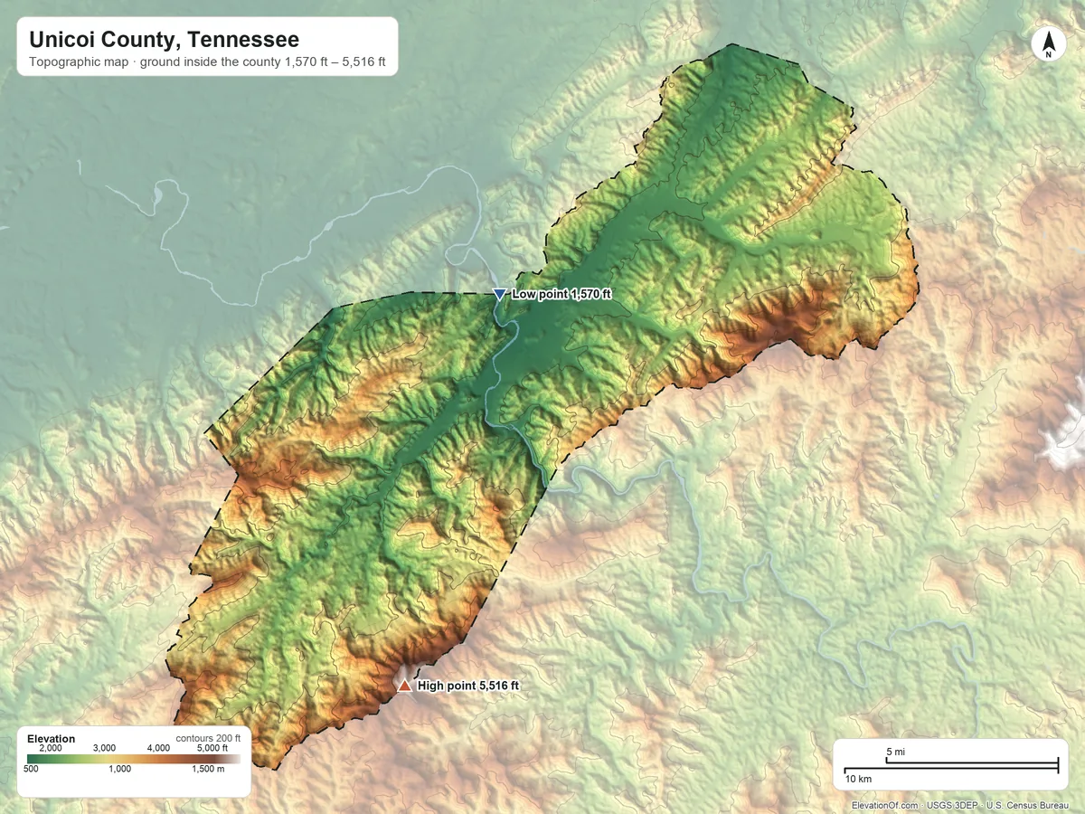 Topographic elevation map of Unicoi County, Tennessee, shaded from 1,570 ft on the north side to 5,516 ft on Big Bald