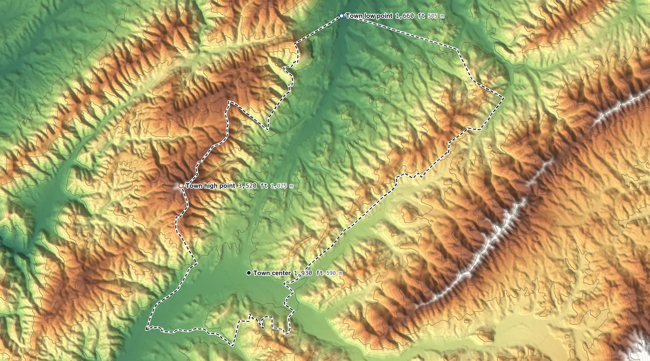 Topographic elevation map of Unicoi, Tennessee, shaded from 1,660 ft on the north side to 3,520 ft on Pinnacle Mountain