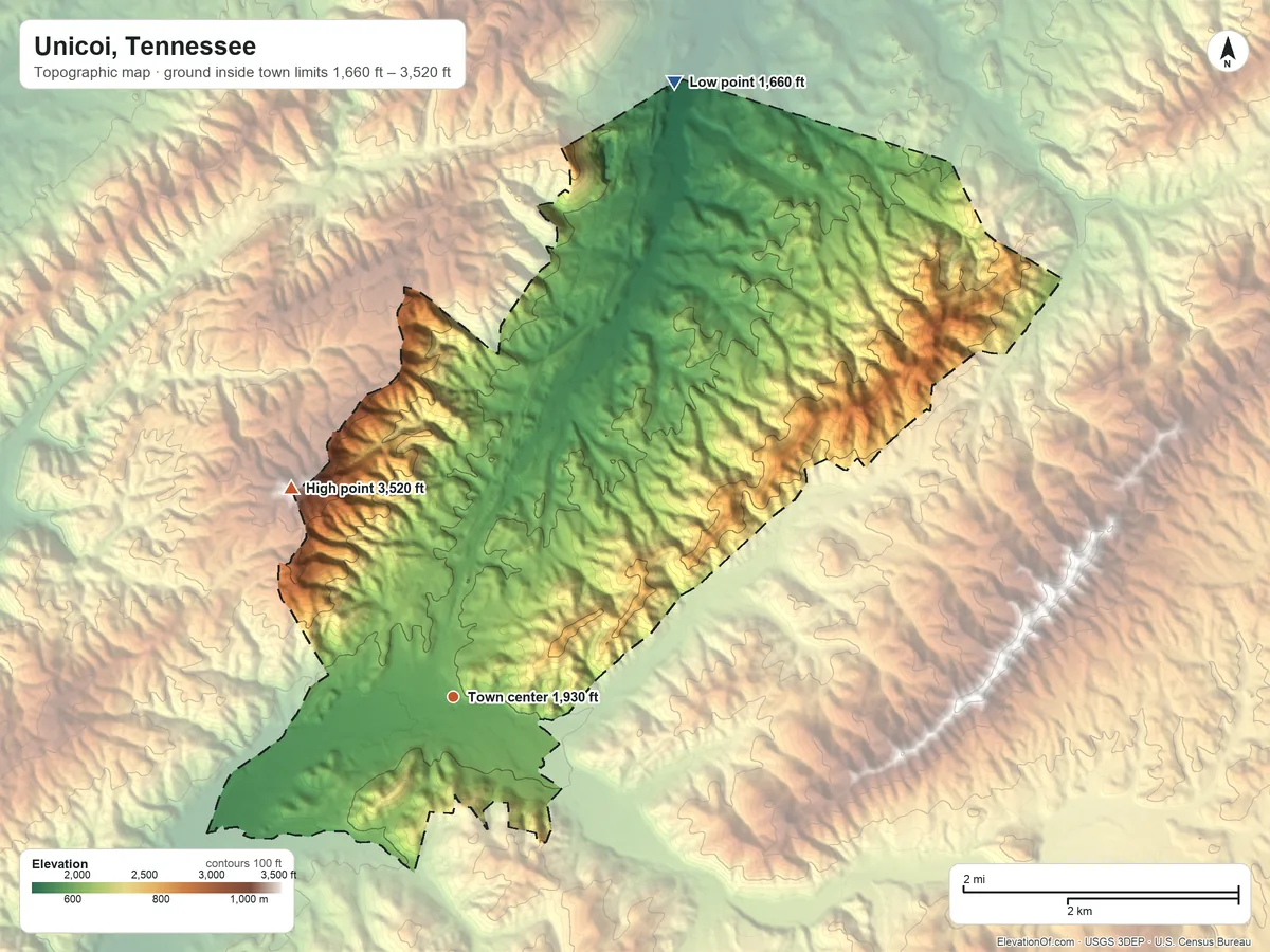 Topographic elevation map of Unicoi, Tennessee, shaded from 1,660 ft on the north side to 3,520 ft on Pinnacle Mountain