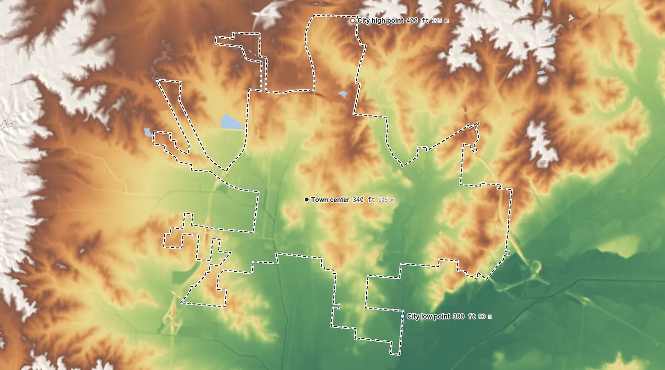 Topographic elevation map of Union City, Tennessee, shaded from 300 ft on the southeast side to 400 ft on the north side