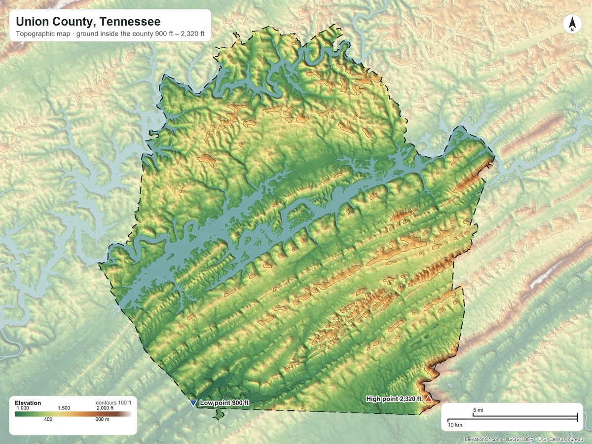 Topographic elevation map of Union County, Tennessee, shaded from 900 ft on the southwest side to 2,320 ft on the southeast side