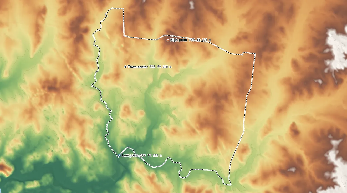 Topographic elevation map of Unionville, Tennessee, shaded from 670 ft on the south side to 780 ft on the northeast side
