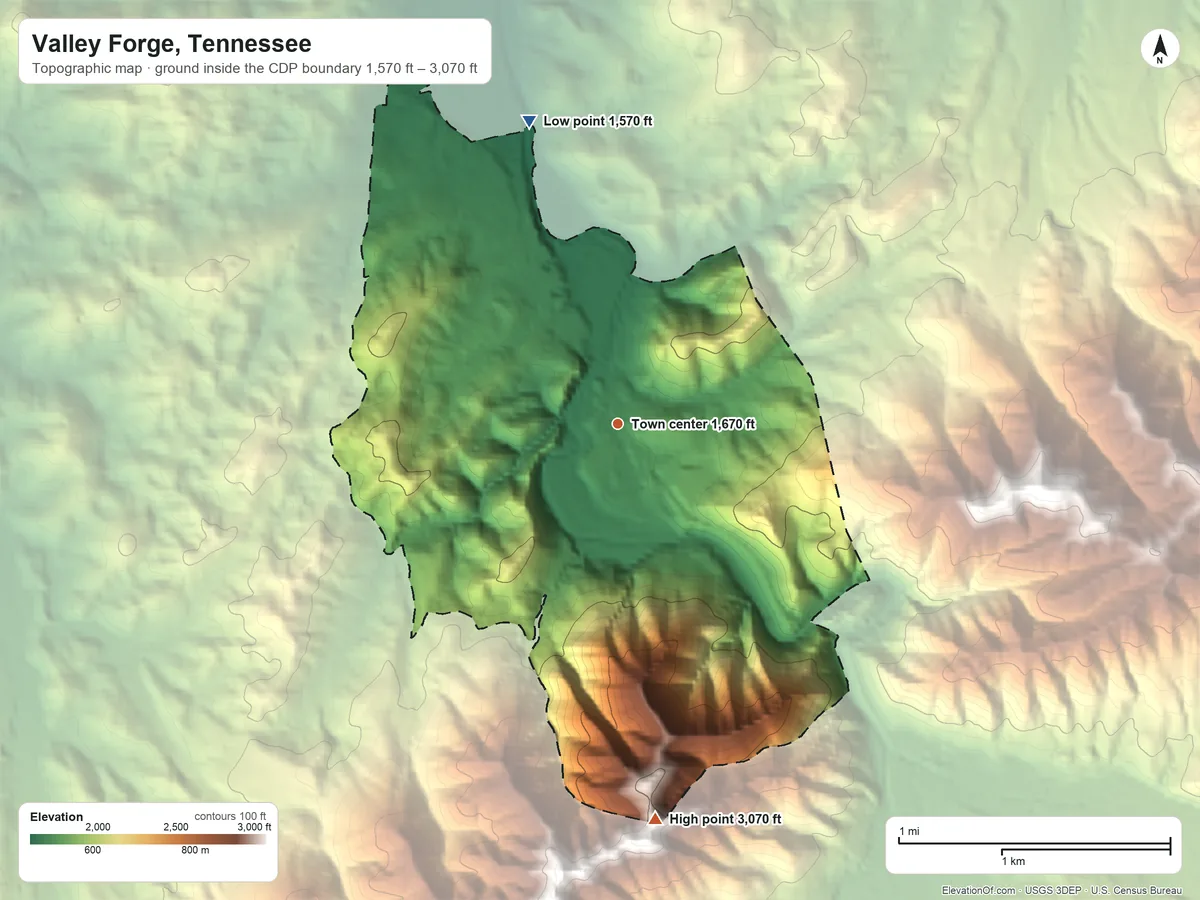 Topographic elevation map of Valley Forge, Tennessee, shaded from 1,570 ft on the north side to 3,070 ft on the south side