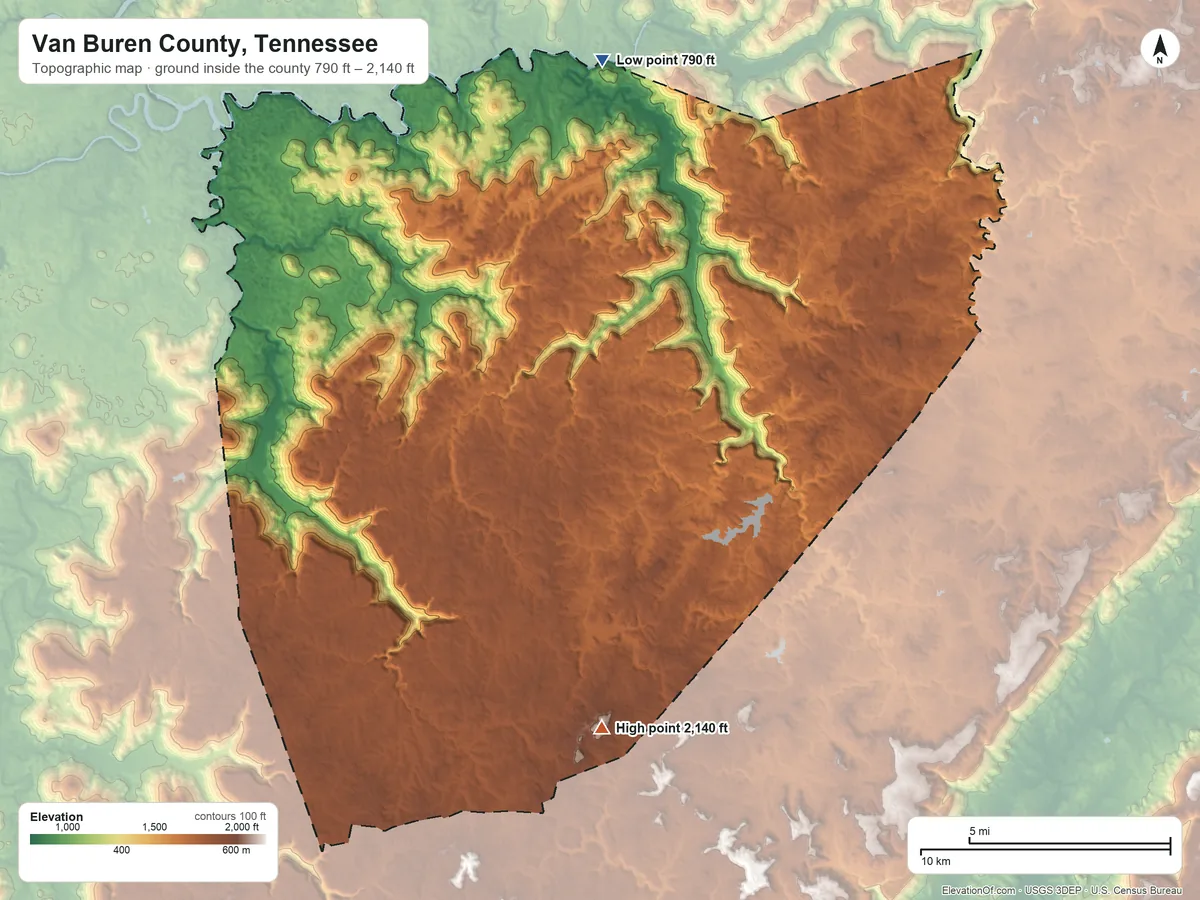 Topographic elevation map of Van Buren County, Tennessee, shaded from 790 ft on the north side to 2,140 ft on Smartt Mountain
