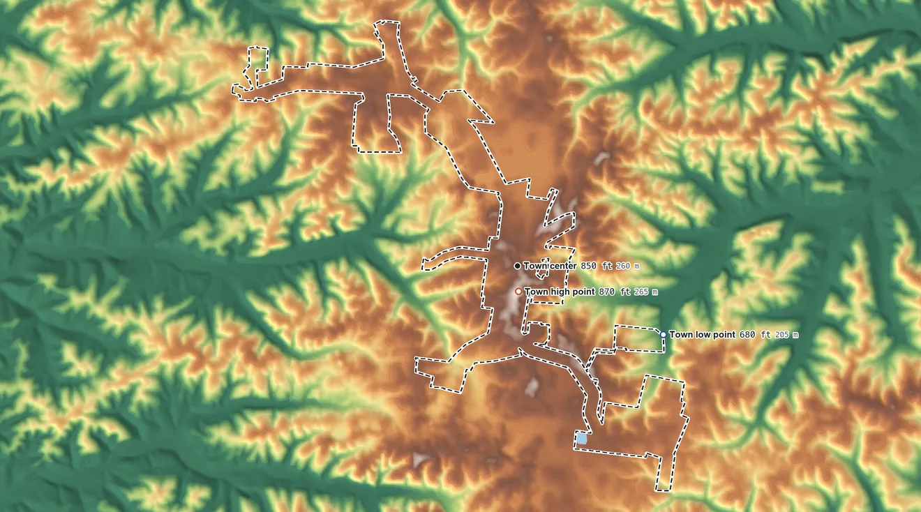 Topographic elevation map of Vanleer, Tennessee, shaded from 680 ft on the southeast side to 870 ft near the middle