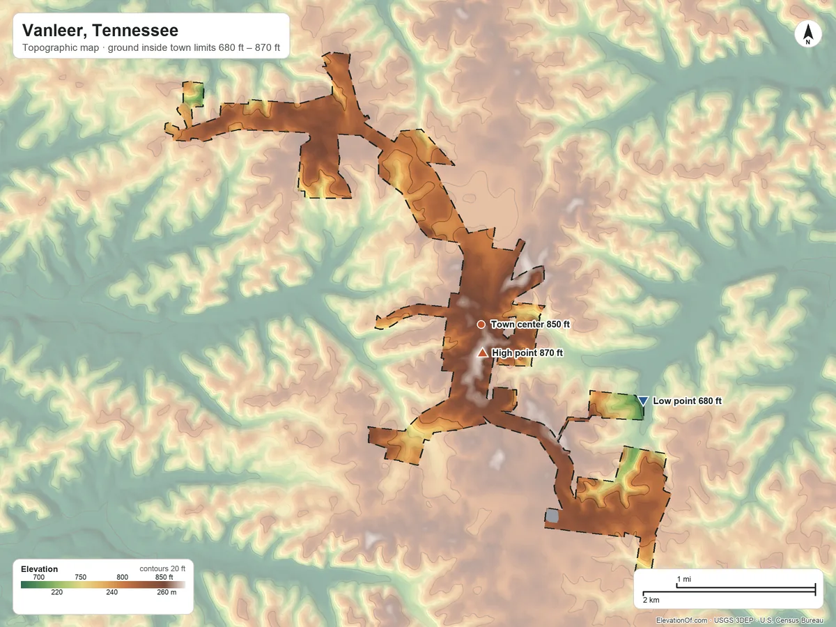 Topographic elevation map of Vanleer, Tennessee, shaded from 680 ft on the southeast side to 870 ft near the middle