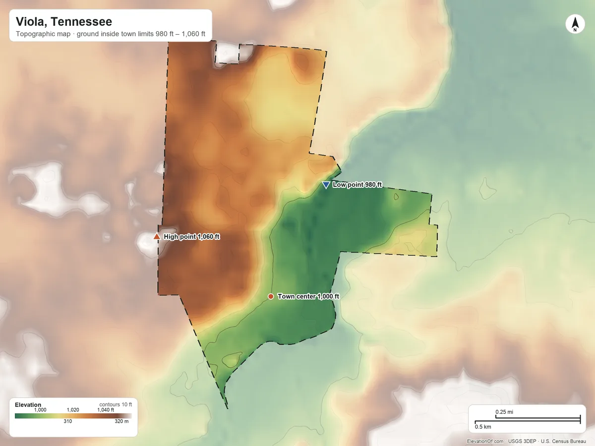 Topographic elevation map of Viola, Tennessee, shaded from 980 ft on the northeast side to 1,060 ft on the northwest side