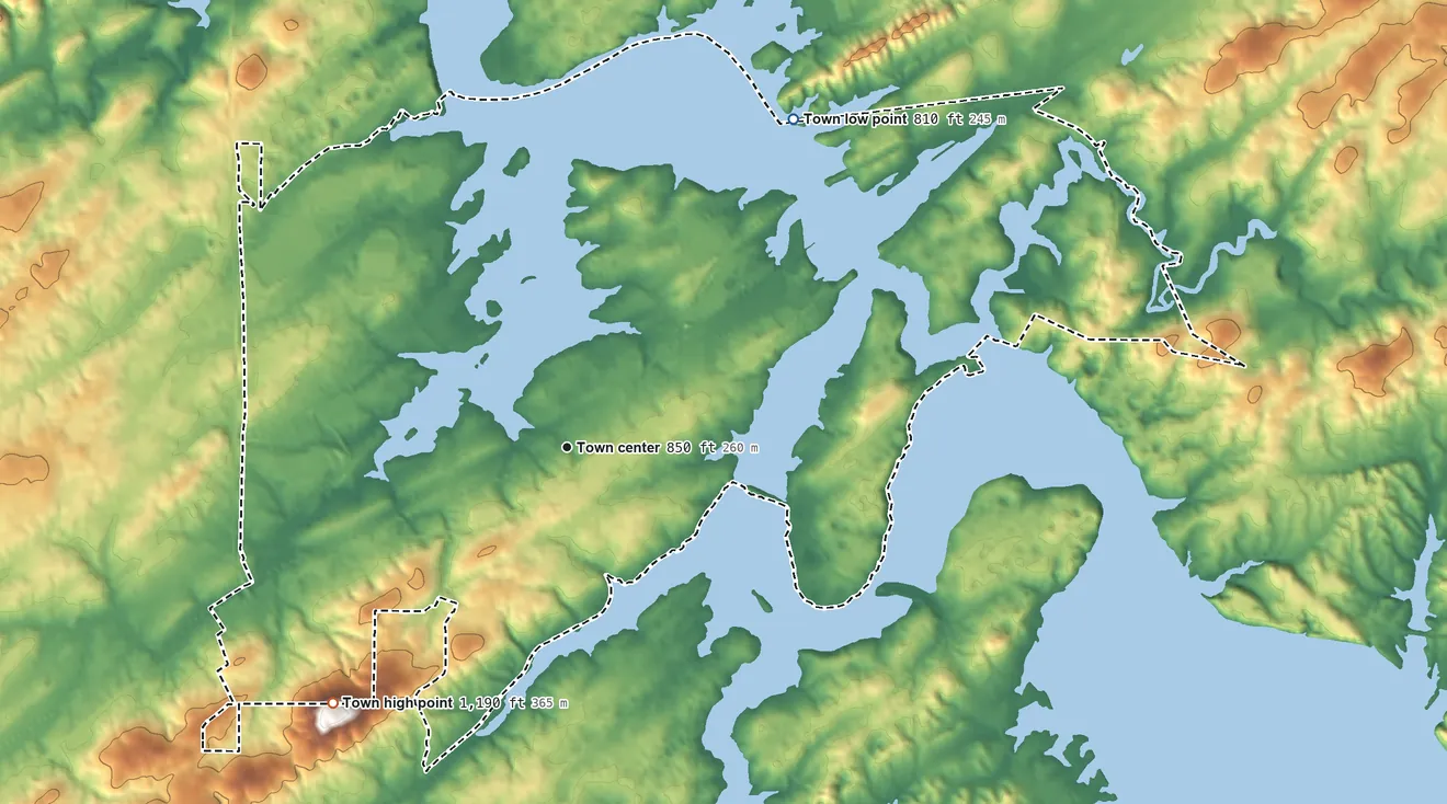 Topographic elevation map of Vonore, Tennessee, shaded from 810 ft on the northeast side to 1,190 ft on the southwest side