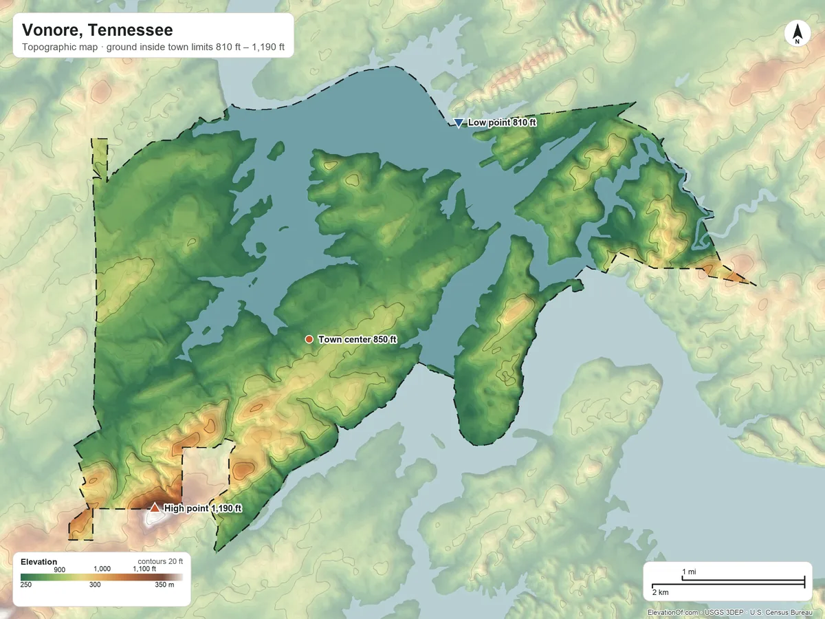 Topographic elevation map of Vonore, Tennessee, shaded from 810 ft on the northeast side to 1,190 ft on the southwest side