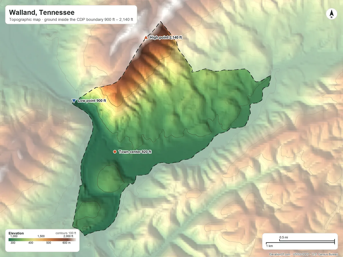 Topographic elevation map of Walland, Tennessee, shaded from 900 ft on the northwest side to 2,140 ft at the foot of the Slate Knobs