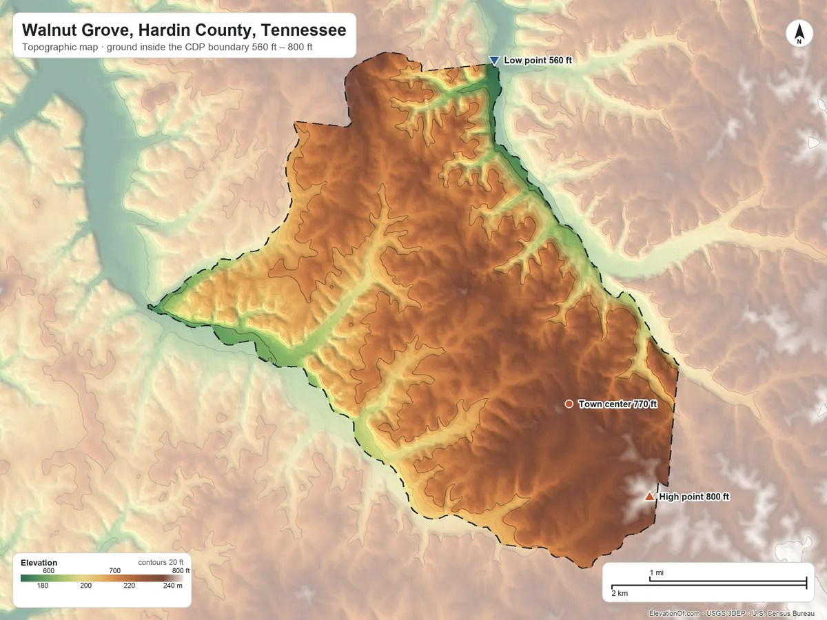 Topographic elevation map of Walnut Grove, Hardin County, Tennessee, shaded from 560 ft on the north side to 800 ft on the southeast side