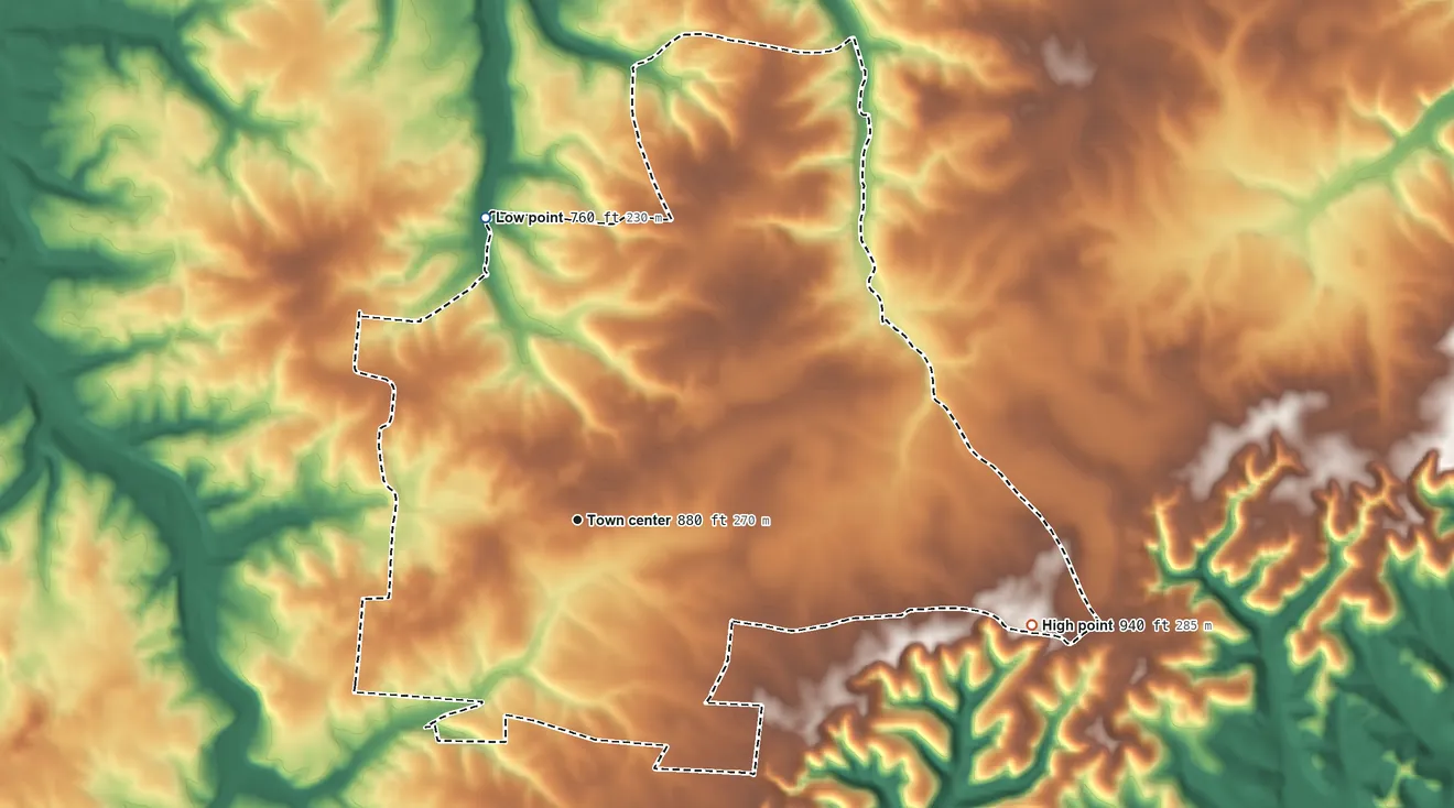 Topographic elevation map of Walnut Grove, Tennessee, shaded from 760 ft on the north side to 940 ft on the east side