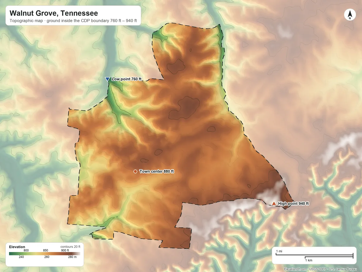 Topographic elevation map of Walnut Grove, Tennessee, shaded from 760 ft on the north side to 940 ft on the east side