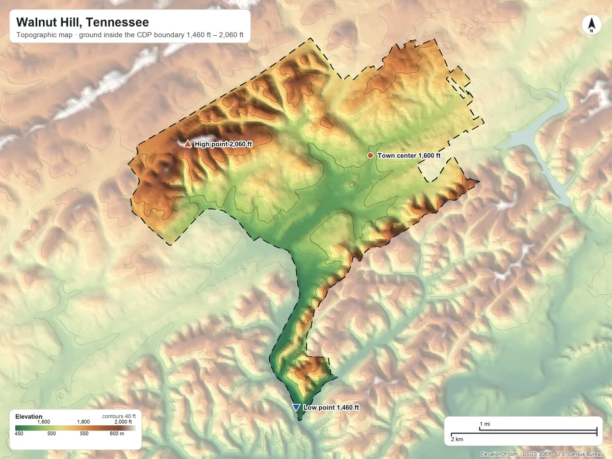 Topographic elevation map of Walnut Hill, Tennessee, shaded from 1,460 ft on the south side to 2,060 ft on the west side