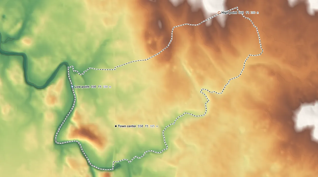Topographic elevation map of Walterhill, Tennessee, shaded from 490 ft on the northwest side to 660 ft on the northeast side
