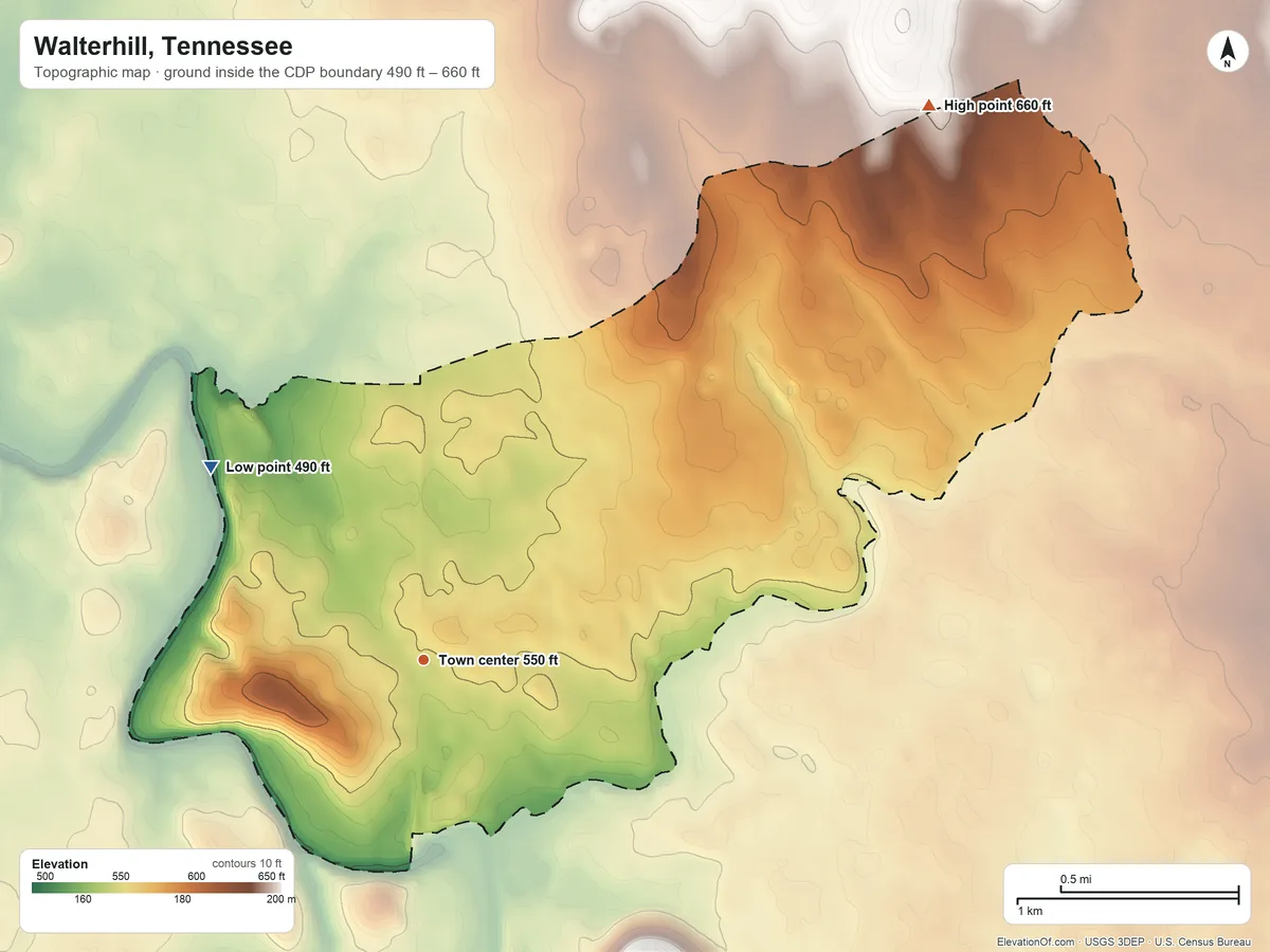 Topographic elevation map of Walterhill, Tennessee, shaded from 490 ft on the northwest side to 660 ft on the northeast side