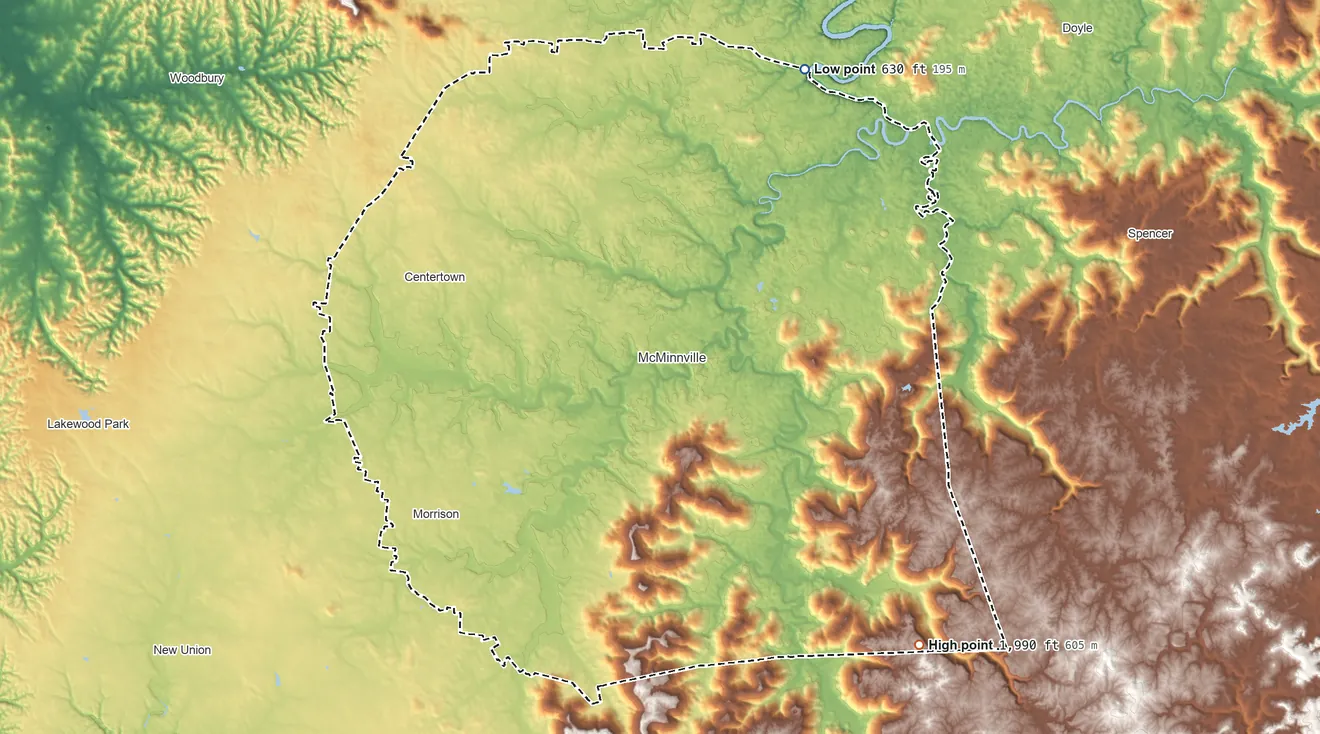 Topographic elevation map of Warren County, Tennessee, shaded from 630 ft on the northeast side to 1,990 ft on the southeast side