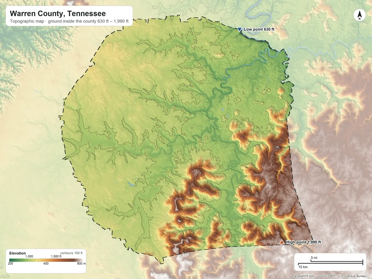 Topographic elevation map of Warren County, Tennessee, shaded from 630 ft on the northeast side to 1,990 ft on the southeast side