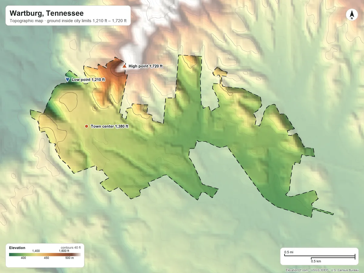 Topographic elevation map of Wartburg, Tennessee, shaded from 1,210 ft on the north side to 1,720 ft at the foot of the Crab Orchard Mountains