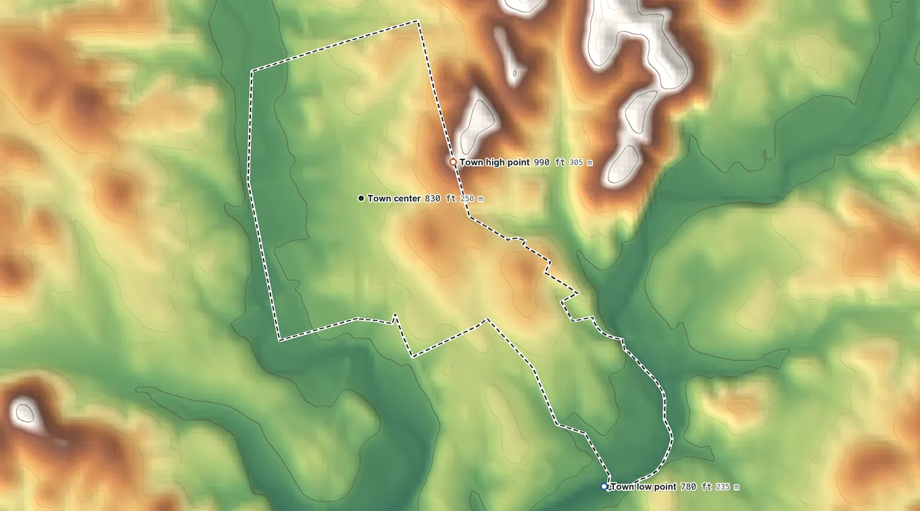 Topographic elevation map of Wartrace, Tennessee, shaded from 780 ft on the southeast side to 990 ft on the east side