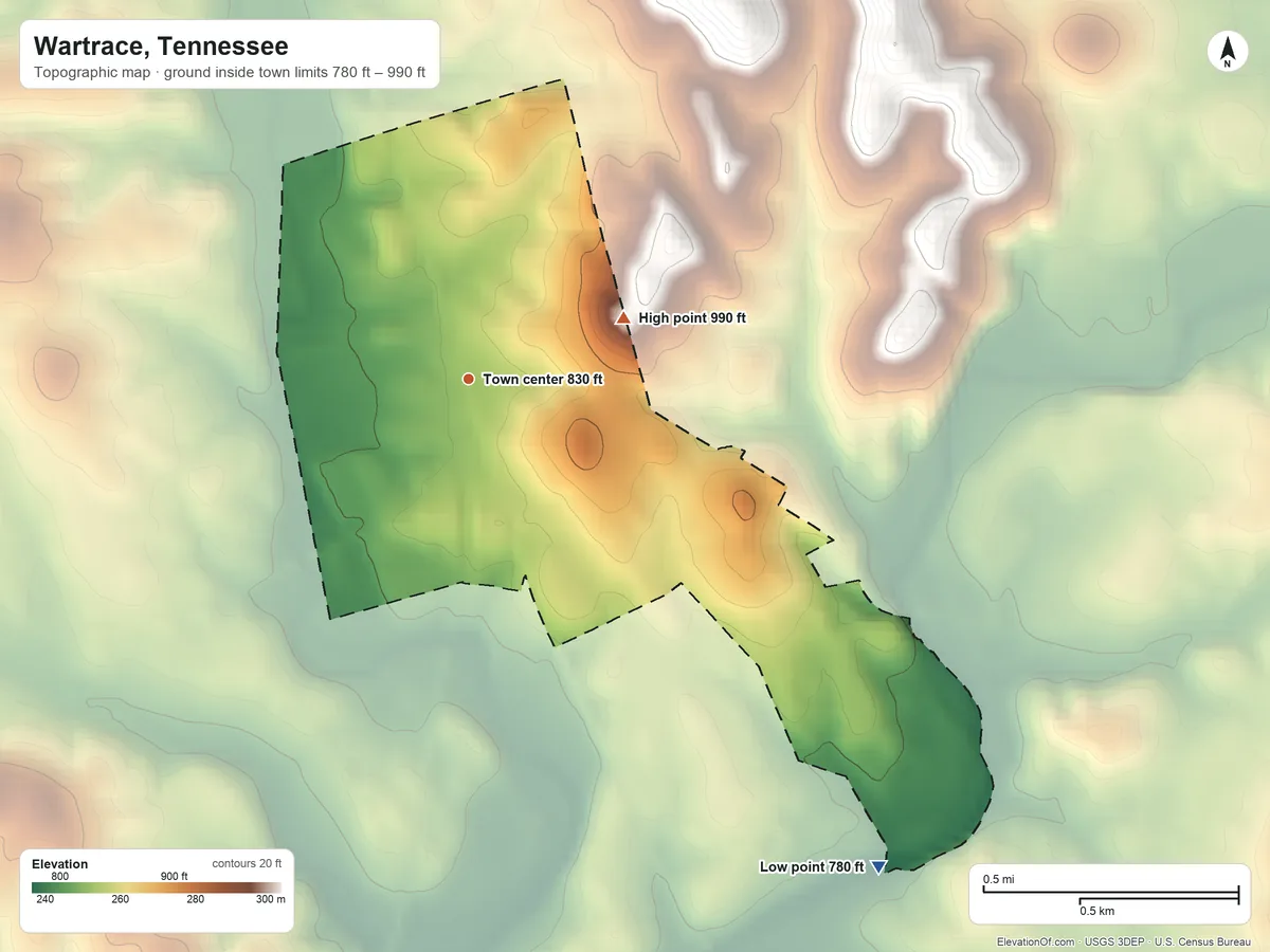 Topographic elevation map of Wartrace, Tennessee, shaded from 780 ft on the southeast side to 990 ft on the east side