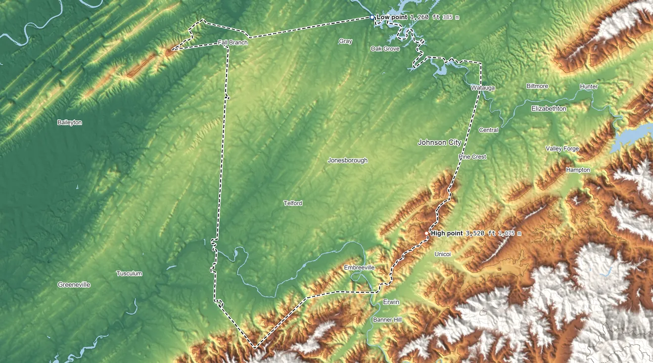 Topographic elevation map of Washington County, Tennessee, shaded from 1,260 ft on the north side to 3,520 ft on Pinnacle Mountain