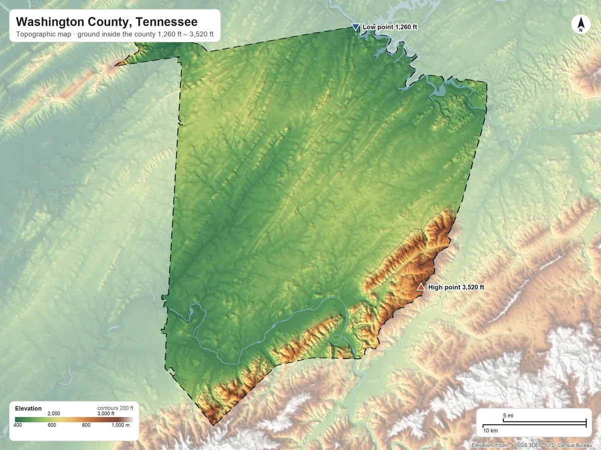 Topographic elevation map of Washington County, Tennessee, shaded from 1,260 ft on the north side to 3,520 ft on Pinnacle Mountain