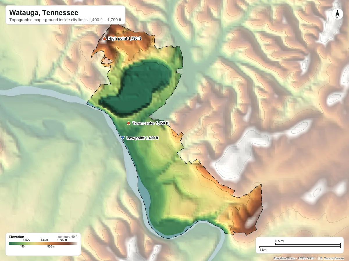 Topographic elevation map of Watauga, Tennessee, shaded from 1,400 ft near the middle to 1,790 ft on the north side