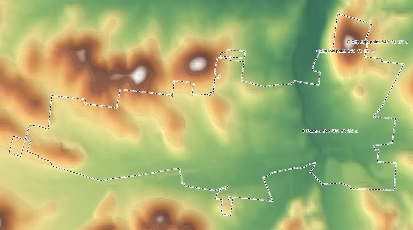 Topographic elevation map of Watertown, Tennessee, shaded from 640 ft on the north side to 840 ft on the northeast side