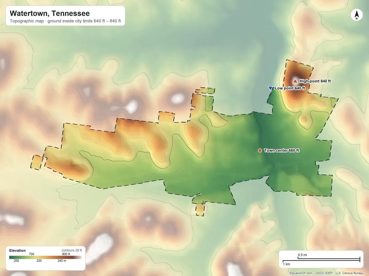Topographic elevation map of Watertown, Tennessee, shaded from 640 ft on the north side to 840 ft on the northeast side