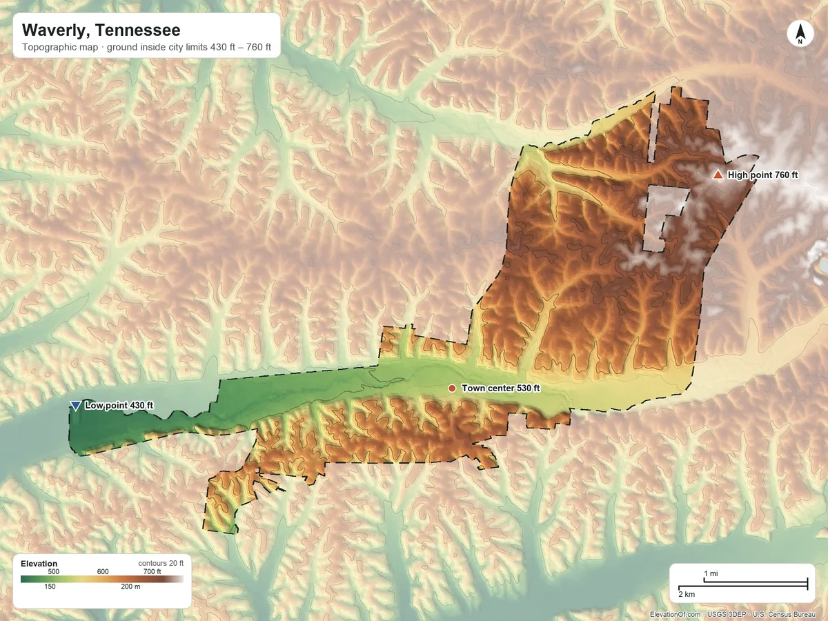 Topographic elevation map of Waverly, Tennessee, shaded from 430 ft on the west side to 760 ft on the northeast side