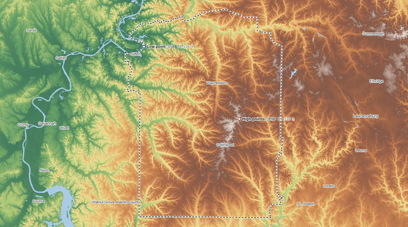 Topographic elevation map of Wayne County, Tennessee, shaded from 350 ft on the northwest side to 1,090 ft on the east side