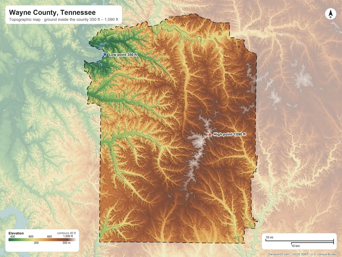 Topographic elevation map of Wayne County, Tennessee, shaded from 350 ft on the northwest side to 1,090 ft on the east side