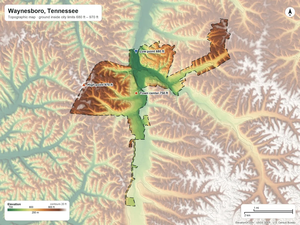 Topographic elevation map of Waynesboro, Tennessee, shaded from 680 ft on the north side to 970 ft on the west side