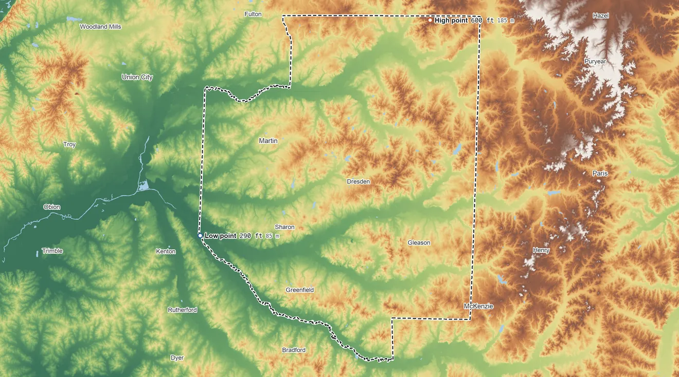 Topographic elevation map of Weakley County, Tennessee, shaded from 290 ft on the west side to 600 ft on the northeast side