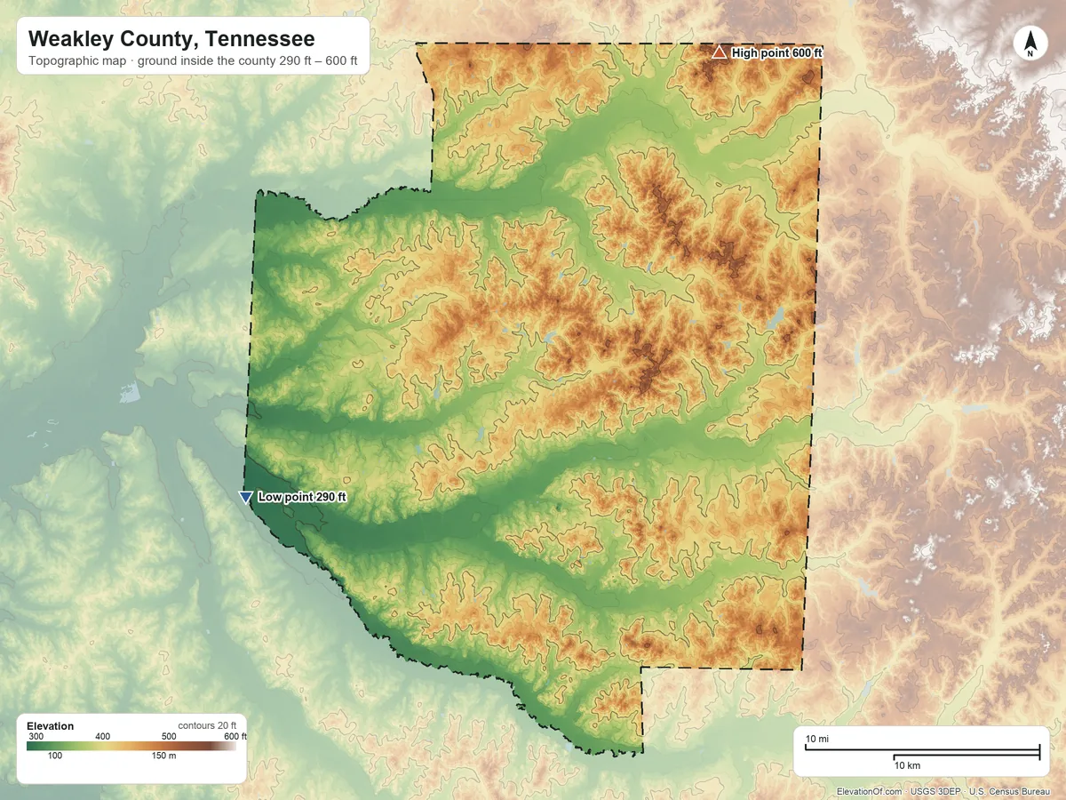 Topographic elevation map of Weakley County, Tennessee, shaded from 290 ft on the west side to 600 ft on the northeast side