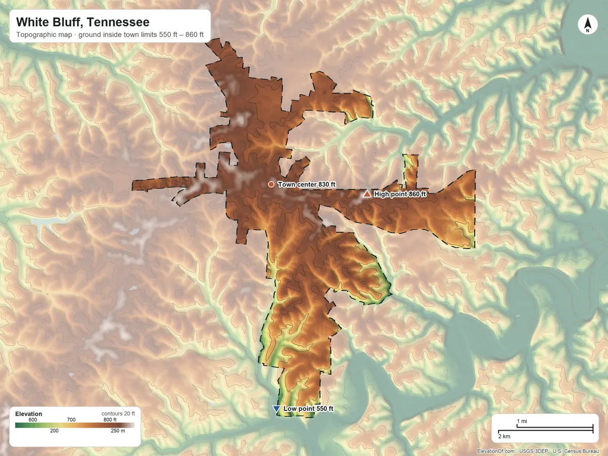 Topographic elevation map of White Bluff, Tennessee, shaded from 550 ft on the south side to 860 ft on the east side
