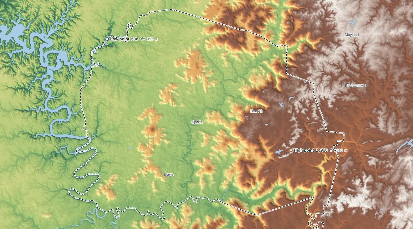 Topographic elevation map of White County, Tennessee, shaded from 630 ft on the northwest side to 2,010 ft on Chestnut Mountain