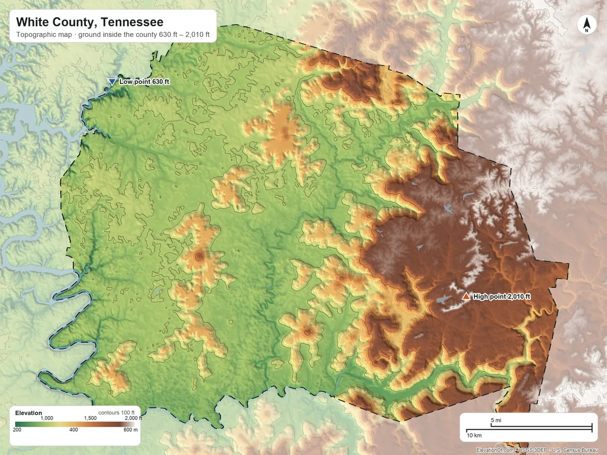 Topographic elevation map of White County, Tennessee, shaded from 630 ft on the northwest side to 2,010 ft on Chestnut Mountain