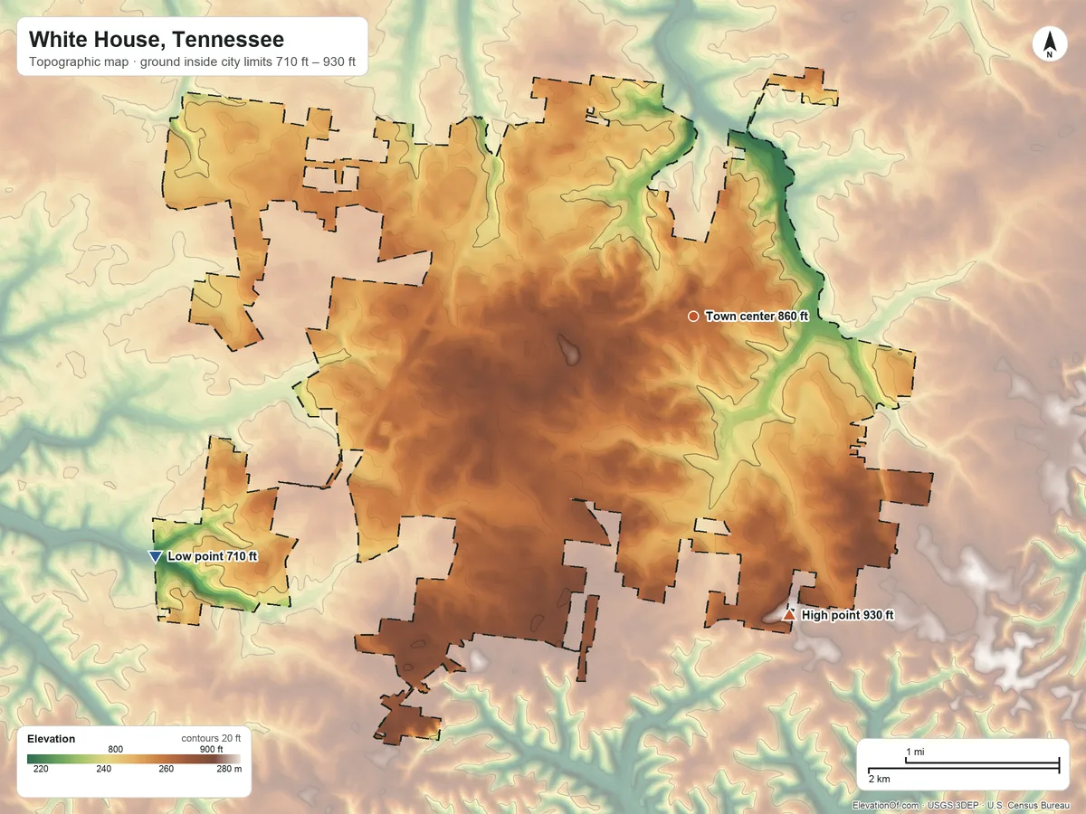 Topographic elevation map of White House, Tennessee, shaded from 710 ft on the southwest side to 930 ft on the south side