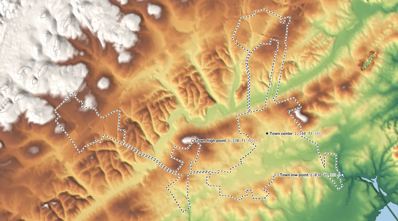 Topographic elevation map of White Pine, Tennessee, shaded from 1,030 ft on the southeast side to 1,330 ft on the west side