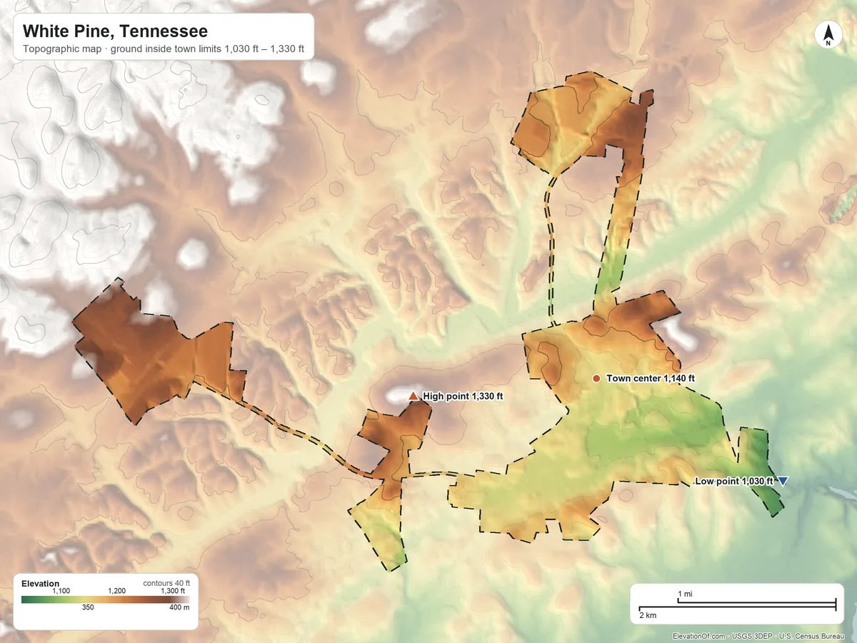 Topographic elevation map of White Pine, Tennessee, shaded from 1,030 ft on the southeast side to 1,330 ft on the west side