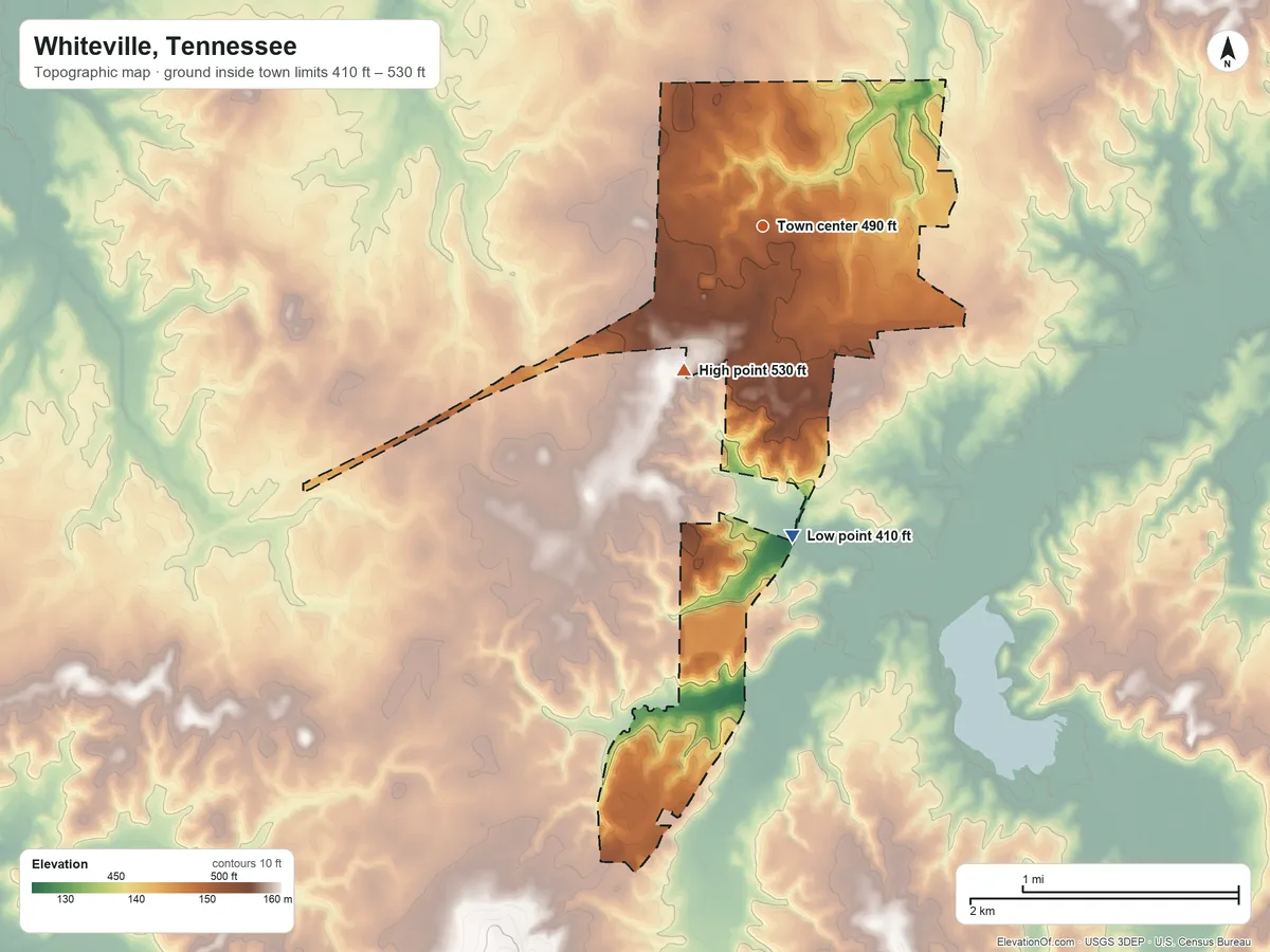 Topographic elevation map of Whiteville, Tennessee, shaded from 410 ft on the south side to 530 ft on the southwest side