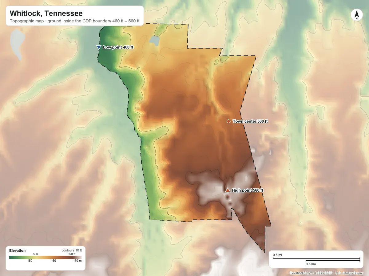 Topographic elevation map of Whitlock, Tennessee, shaded from 460 ft on the northwest side to 560 ft on the south side